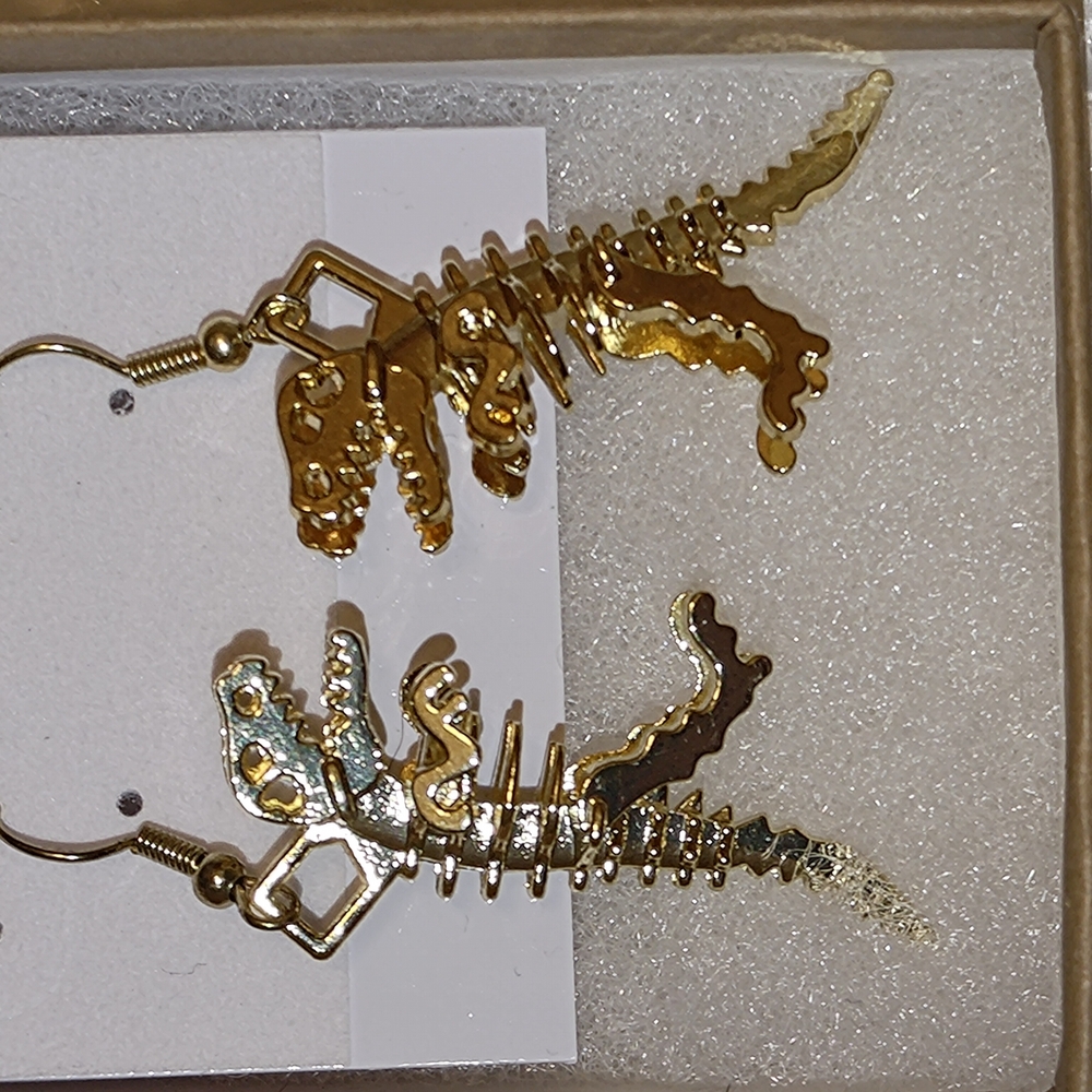 Hand Made Gold Rexy Dinosaur Earrings